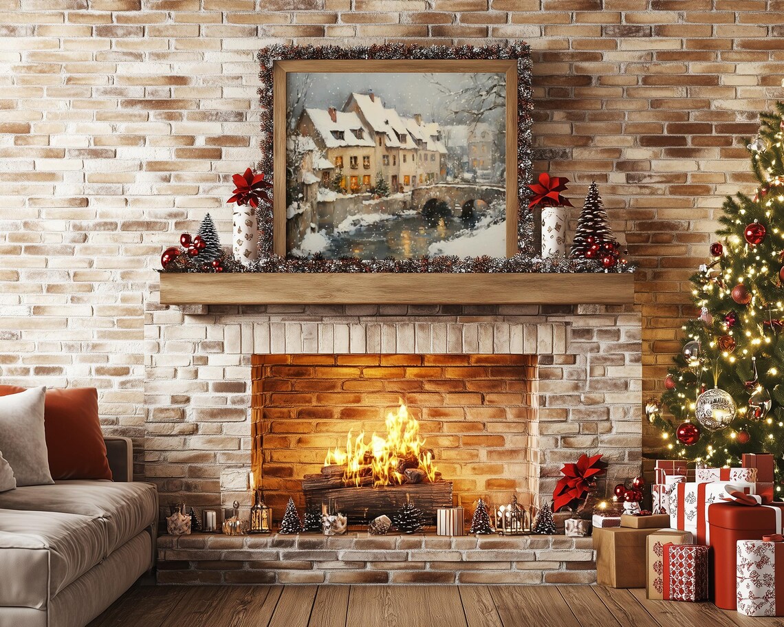 Snowy River Village Stone Bridge Winter Snowfall Rooftops Painting Poster - Image 4