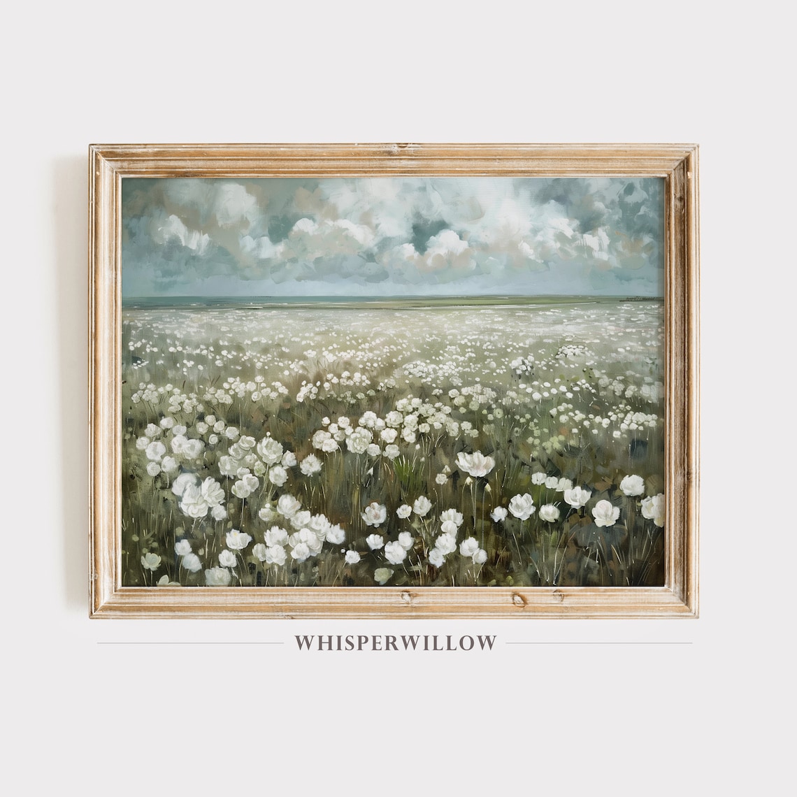 White Wildflowers Field Painting Cloudy Sky Scenic Floral Poster
