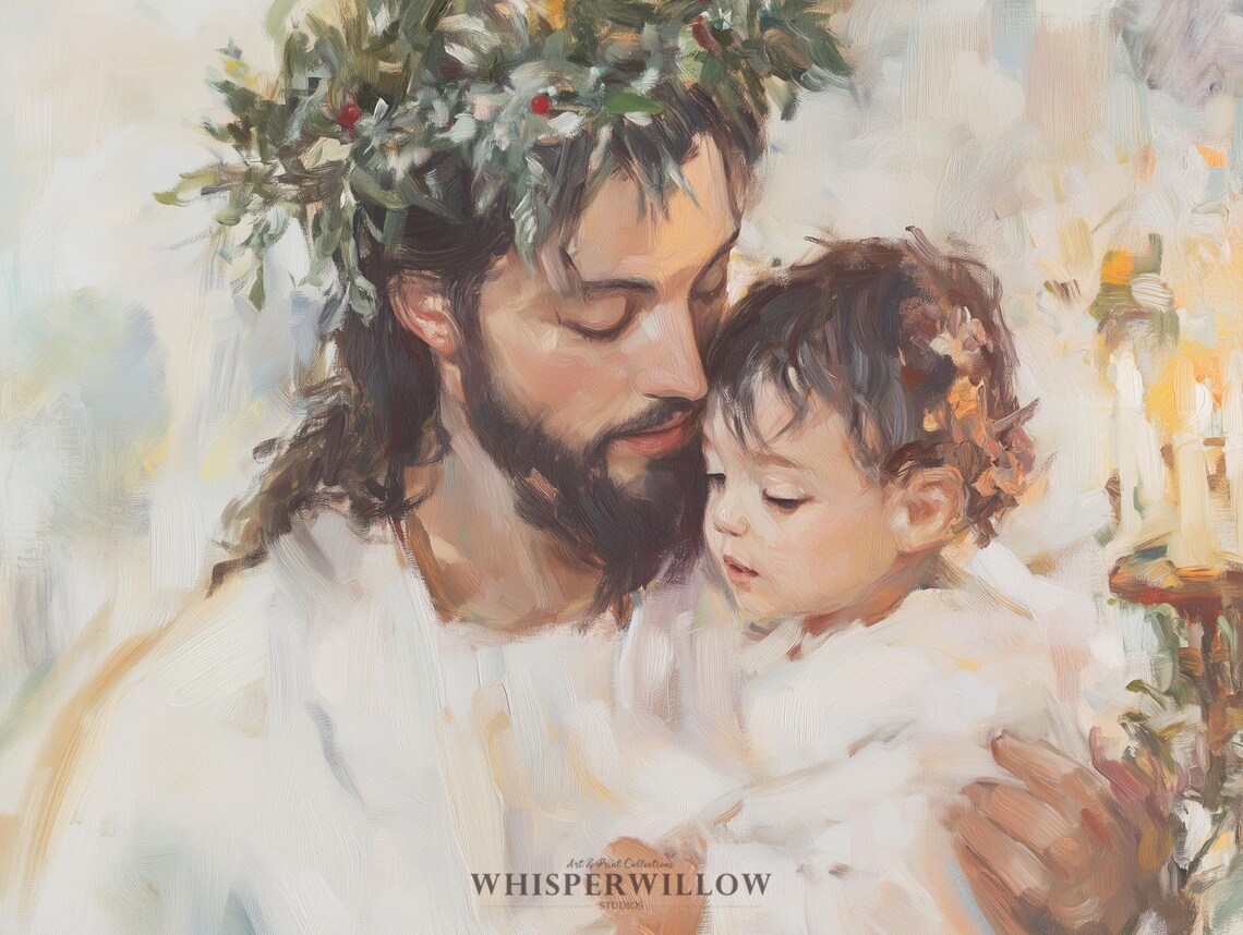Jesus with Child Christmas Portrait Wreath Crown Painting Poster - Image 6