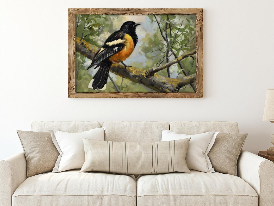 Black and Orange Songbird Perched on Branch Vintage Painting Poster - Image 3