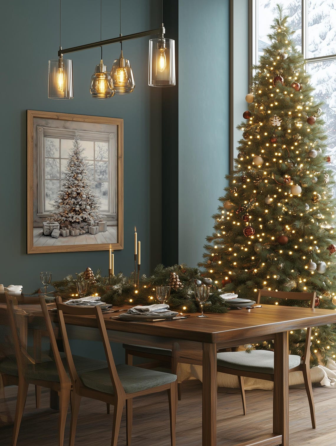 White Christmas Tree Painting Snowy Window Gift Decor Poster - Image 2