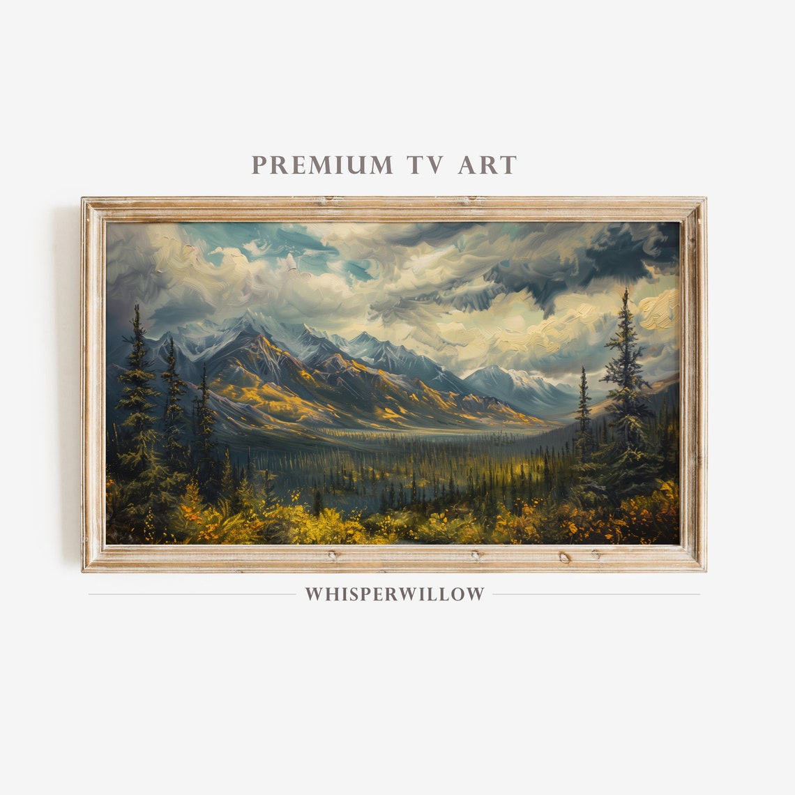 Golden Mountain Valley at Sunset with Pine Forests Painting Poster