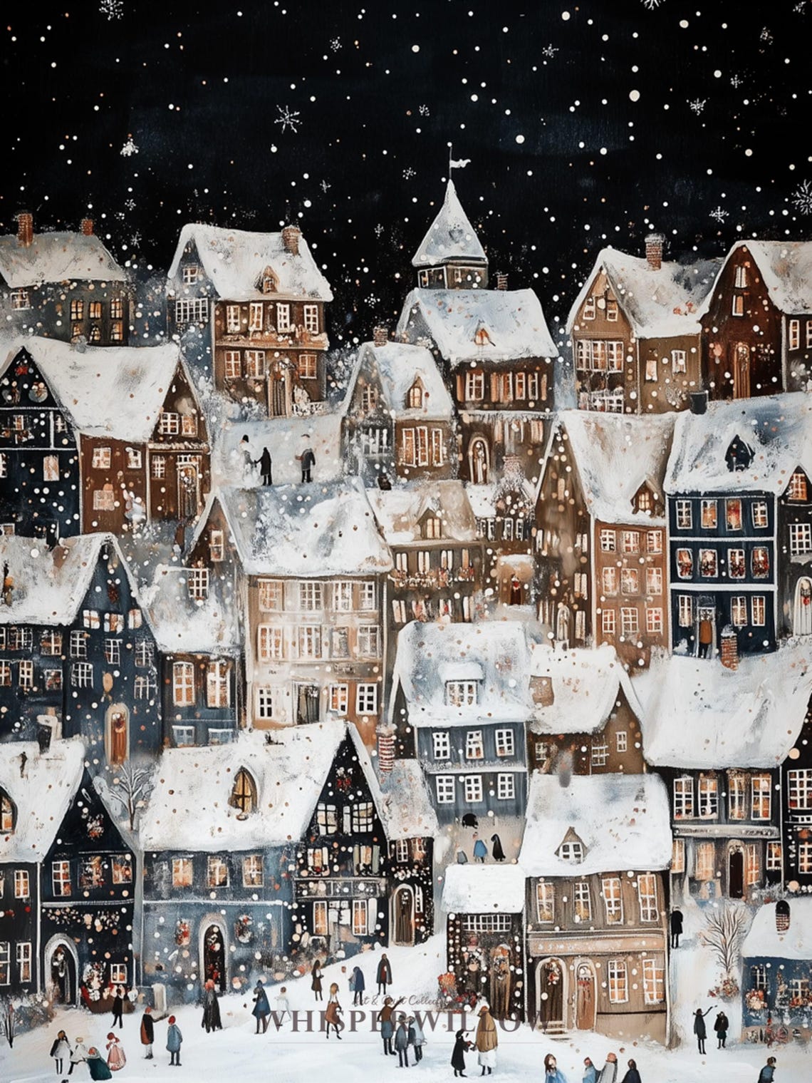 Charming Snowy Village Starry Night Christmas Town Scene Wall Art - Image 6