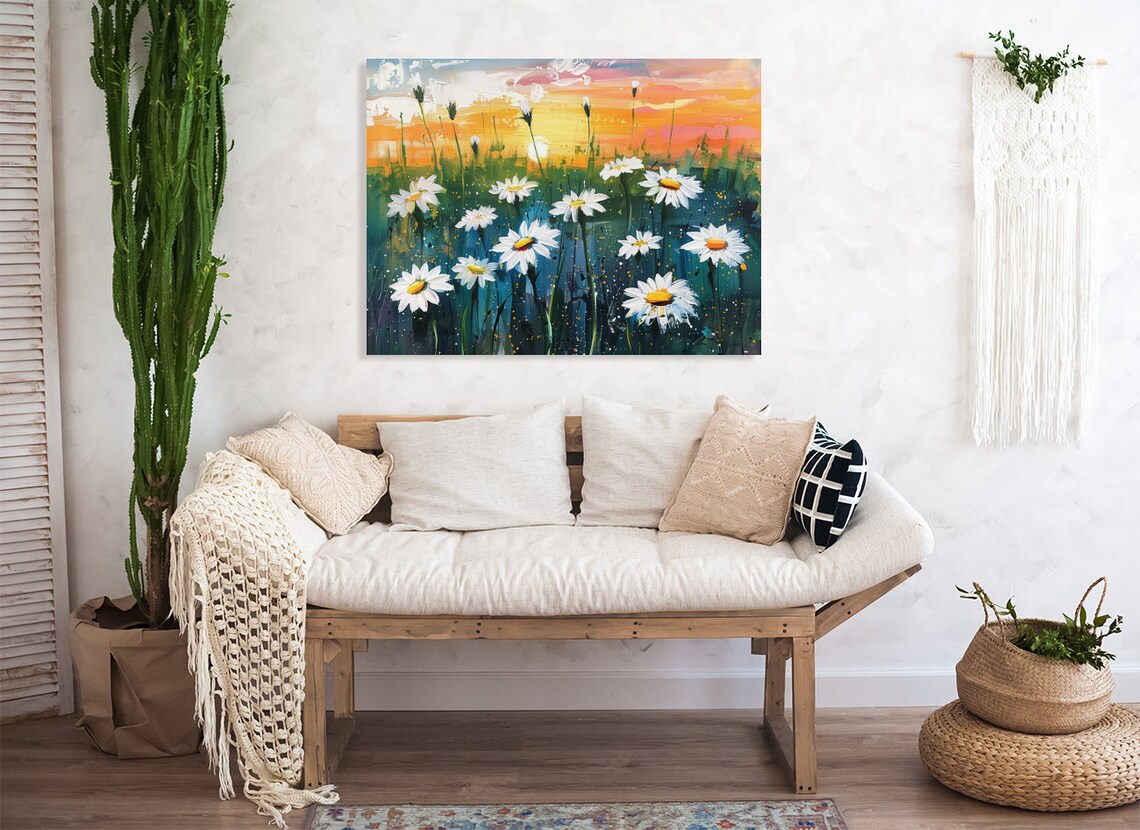 White Daisies at Sunset Colorful Impasto Flower Painting Poster - Image 3