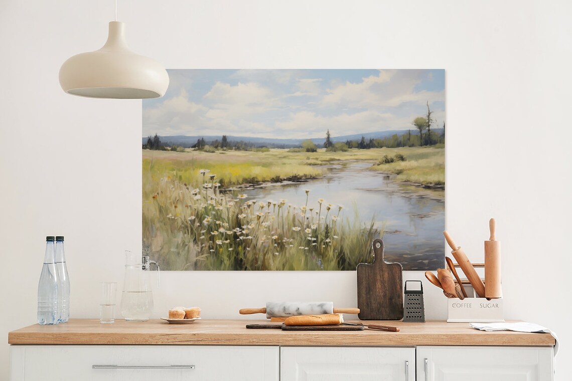White Daisies Along a Quiet Meadow Stream Painting Art Poster - Image 3
