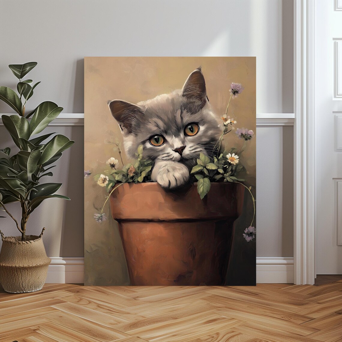Gray Kitten Peeking Out of a Flower Pot Cute Painting Poster - Image 3