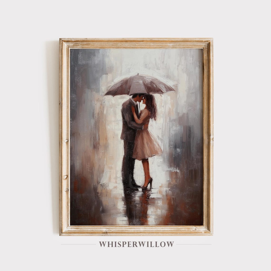 Romantic Couple Sharing an Umbrella in the Rain Oil Painting Poster