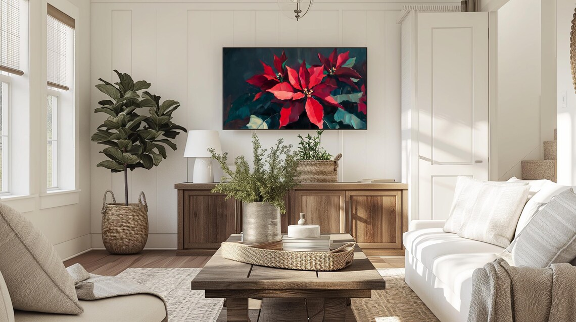 Bold Red Poinsettia Blooms on Dark Teal Modern Floral Art Poster - Image 3