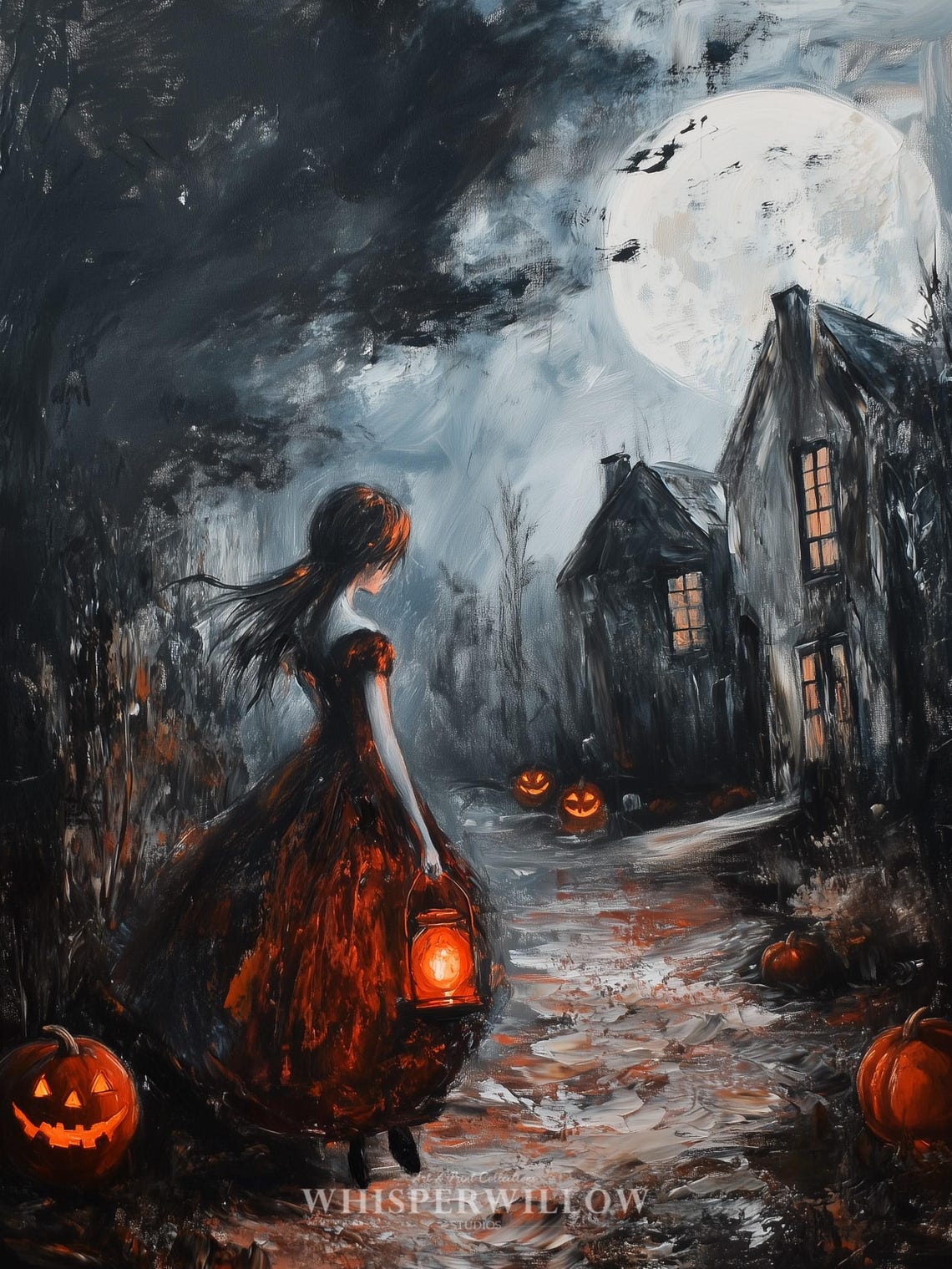 Haunted Night Walk Girl Lantern Pumpkins Halloween Painting Poster - Image 6