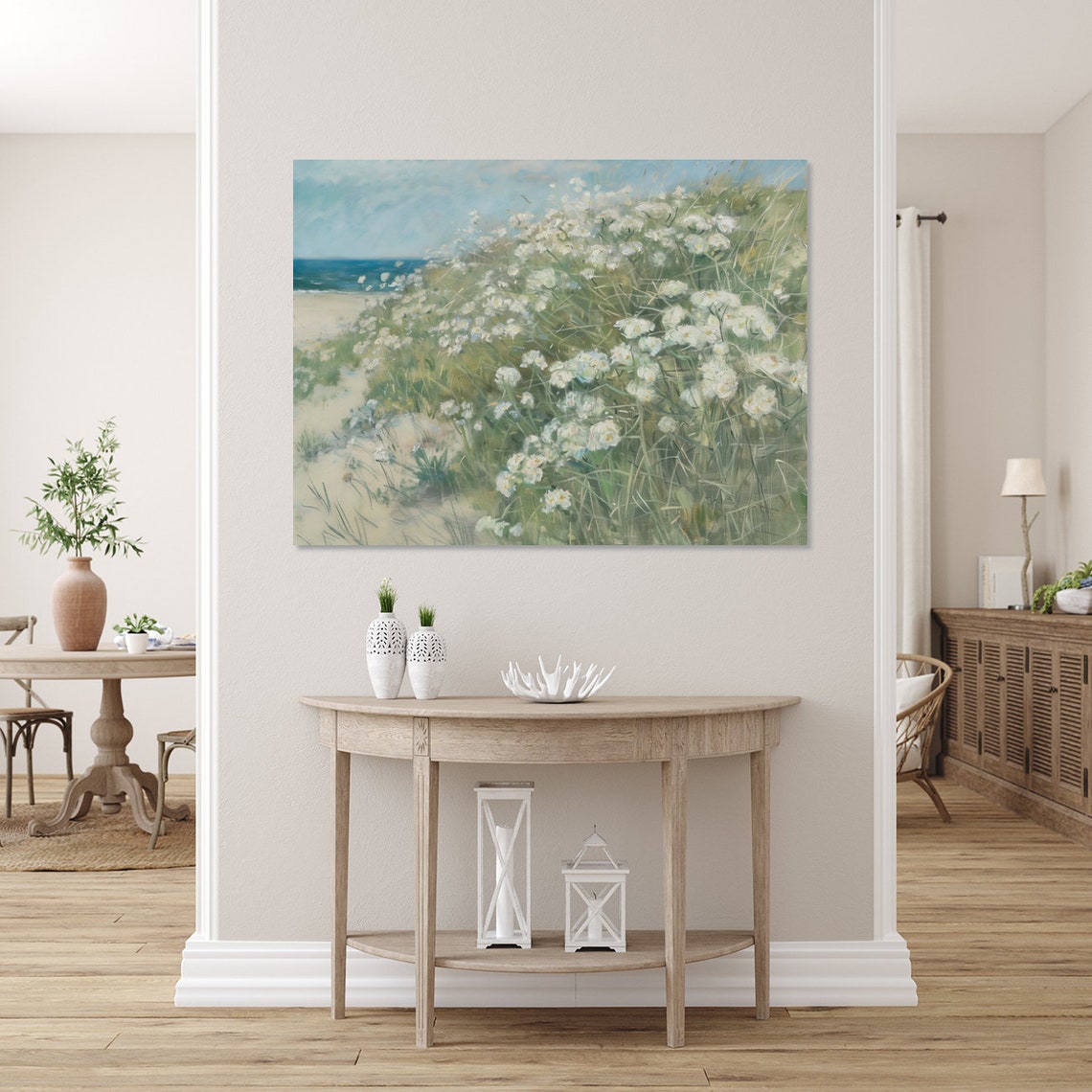 White Wildflowers On Coastal Sand Dunes Breezy Seascape Art Poster - Image 3
