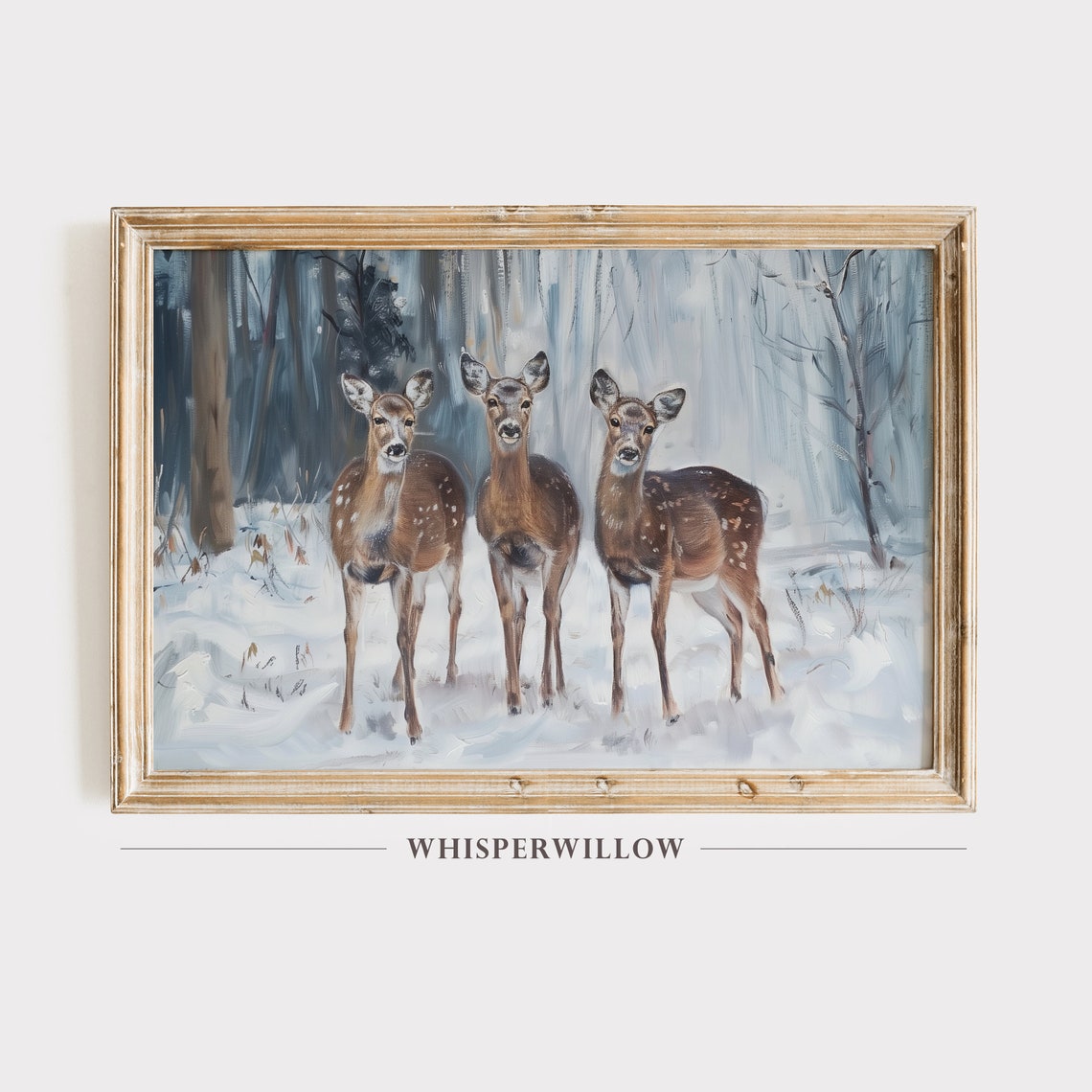 Three Deer in a Snowy Winter Forest Painterly Wildlife Poster