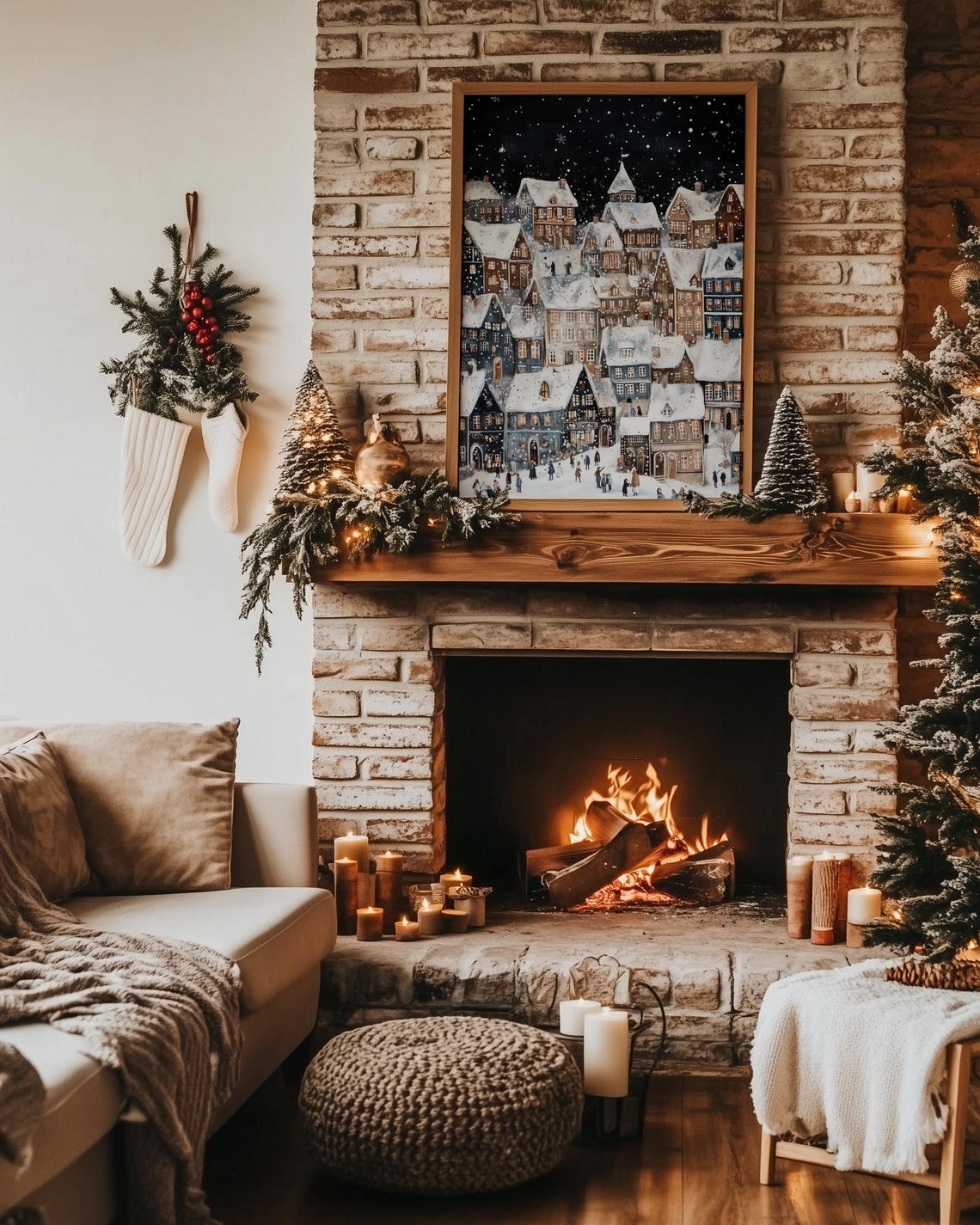 Charming Snowy Village Starry Night Christmas Town Scene Wall Art - Image 3