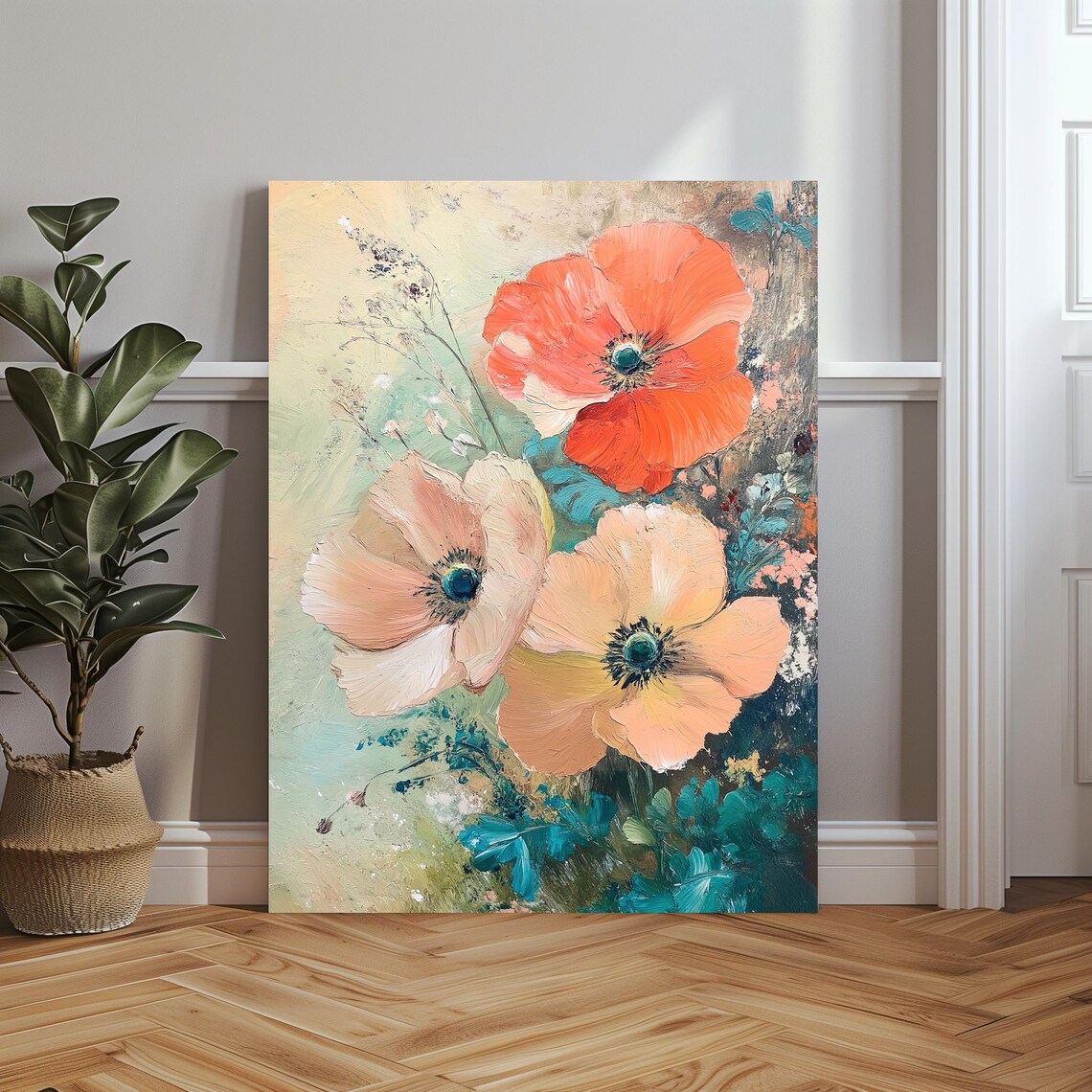 Large Coral and Peach Poppy Flowers Impasto Oil Painting Poster - Image 3