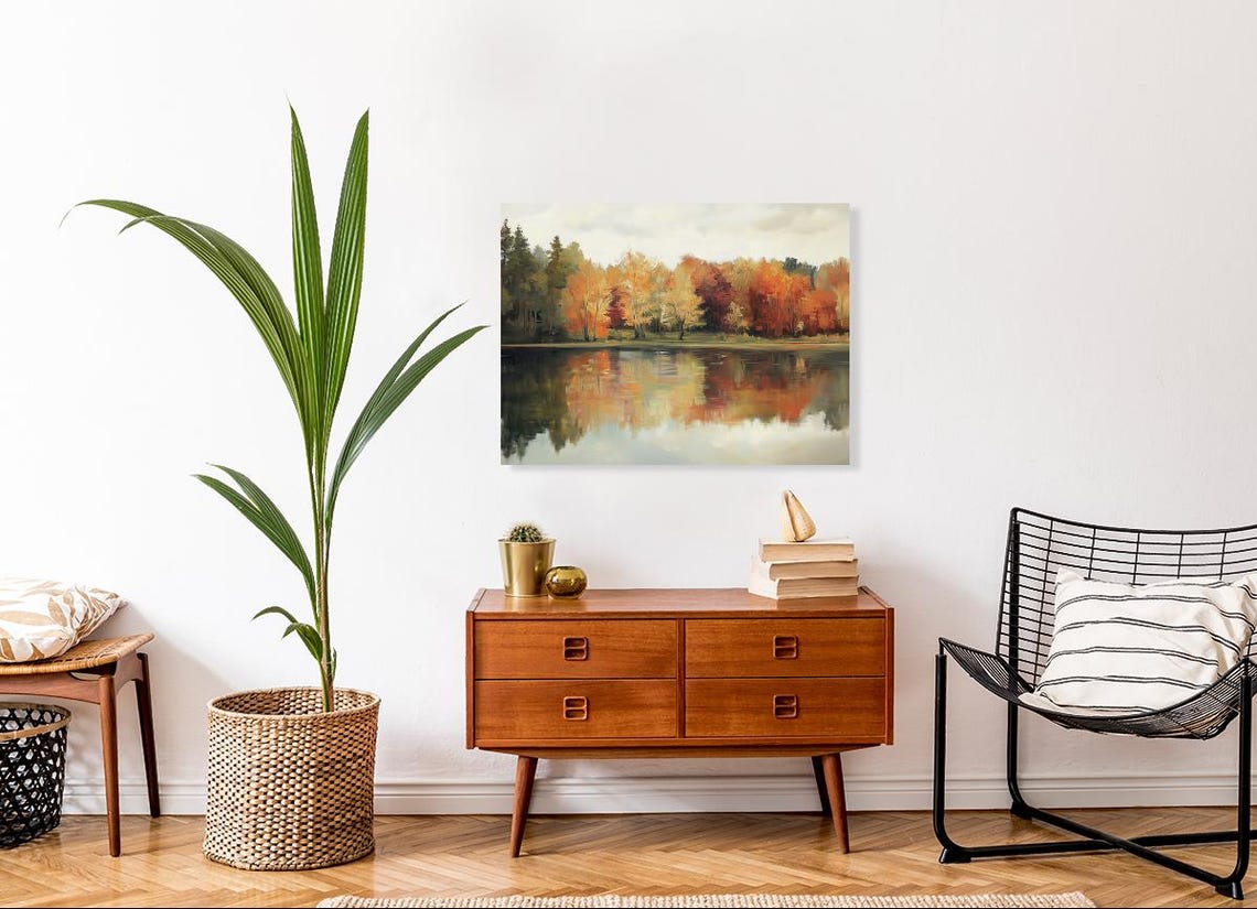 Autumn Lake Mirror Reflection Orange Foliage Vintage Painting Poster - Image 4