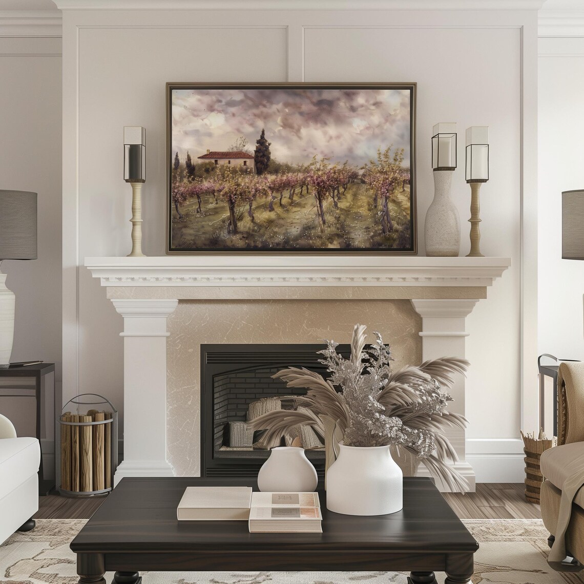 Rustic Italian Farmhouse with Vineyard Under a Stormy Sky Poster - Image 2