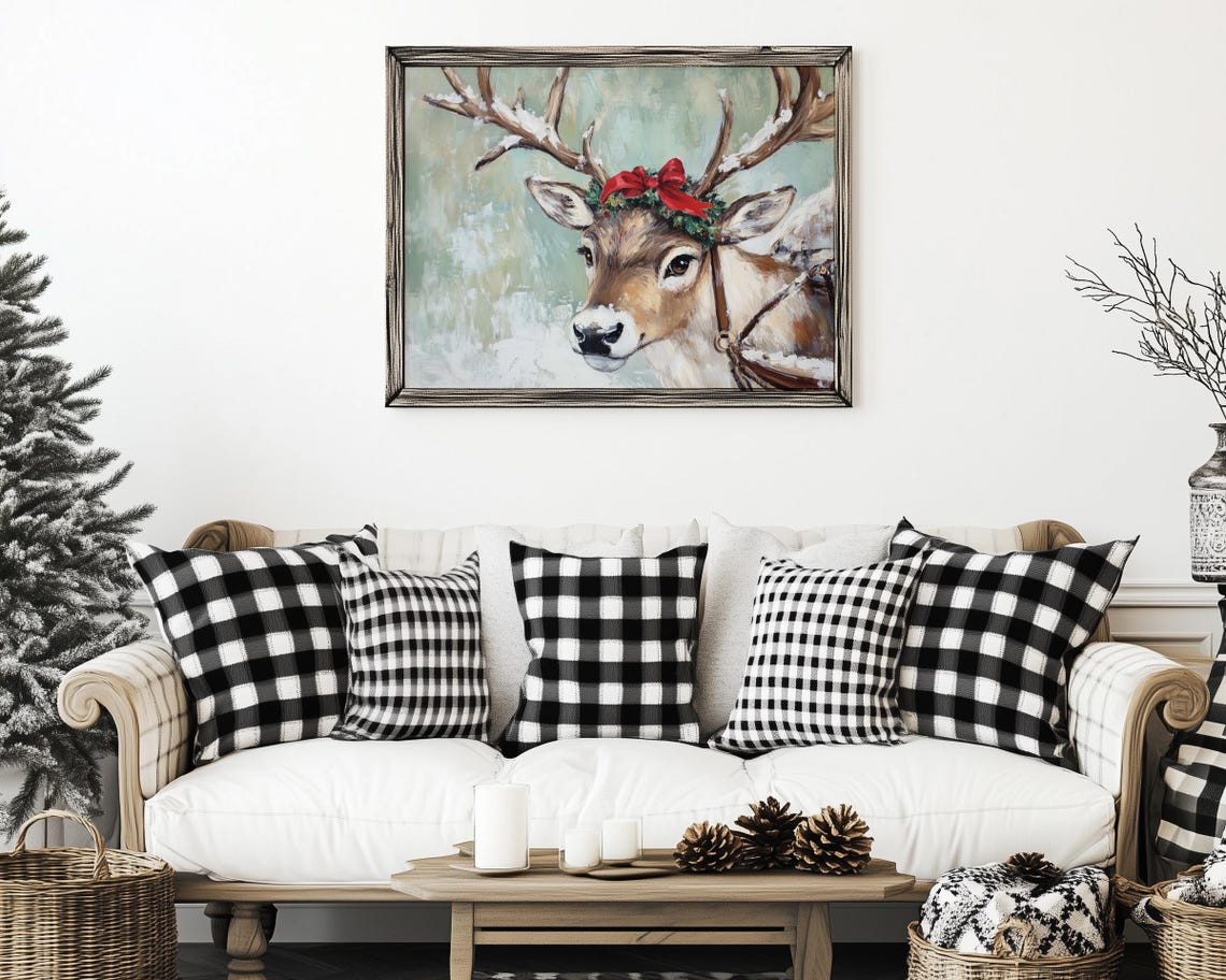 Reindeer Portrait with Red Bow Wreath Snowy Christmas Painting Poster - Image 3