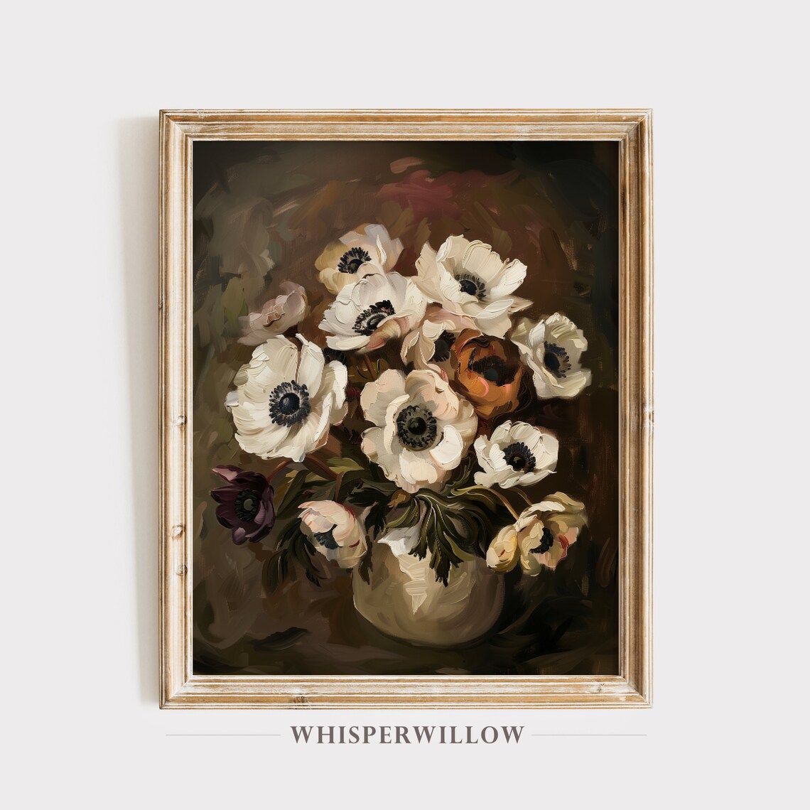 White Anemone Bouquet In Vase Dark Moody Floral Oil Painting Poster