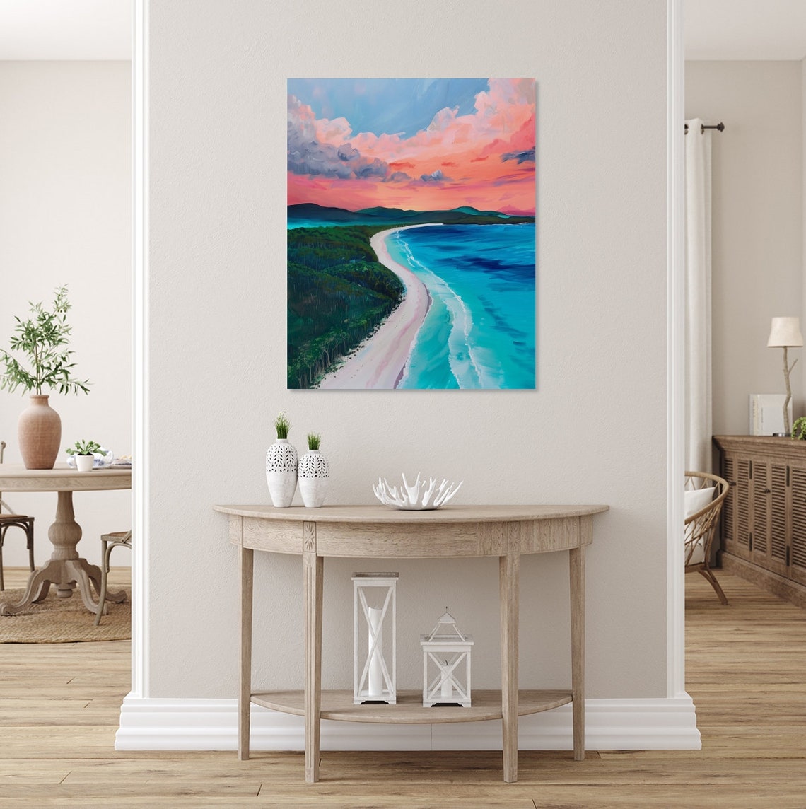 Curved Tropical Beach Sunset Painting Turquoise Ocean Pink Sky Poster - Image 4
