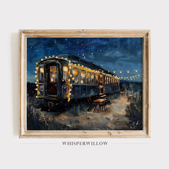 Vintage Majestic Train Car Restaurant Painting Streetcar Art Starry Night Sky Wall Decor Instant Print