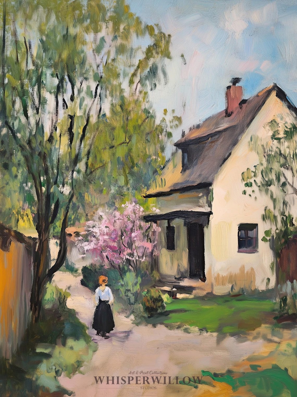Rustic Cottage Path Woman Walking Blooming Spring Countryside Poster - Image 6