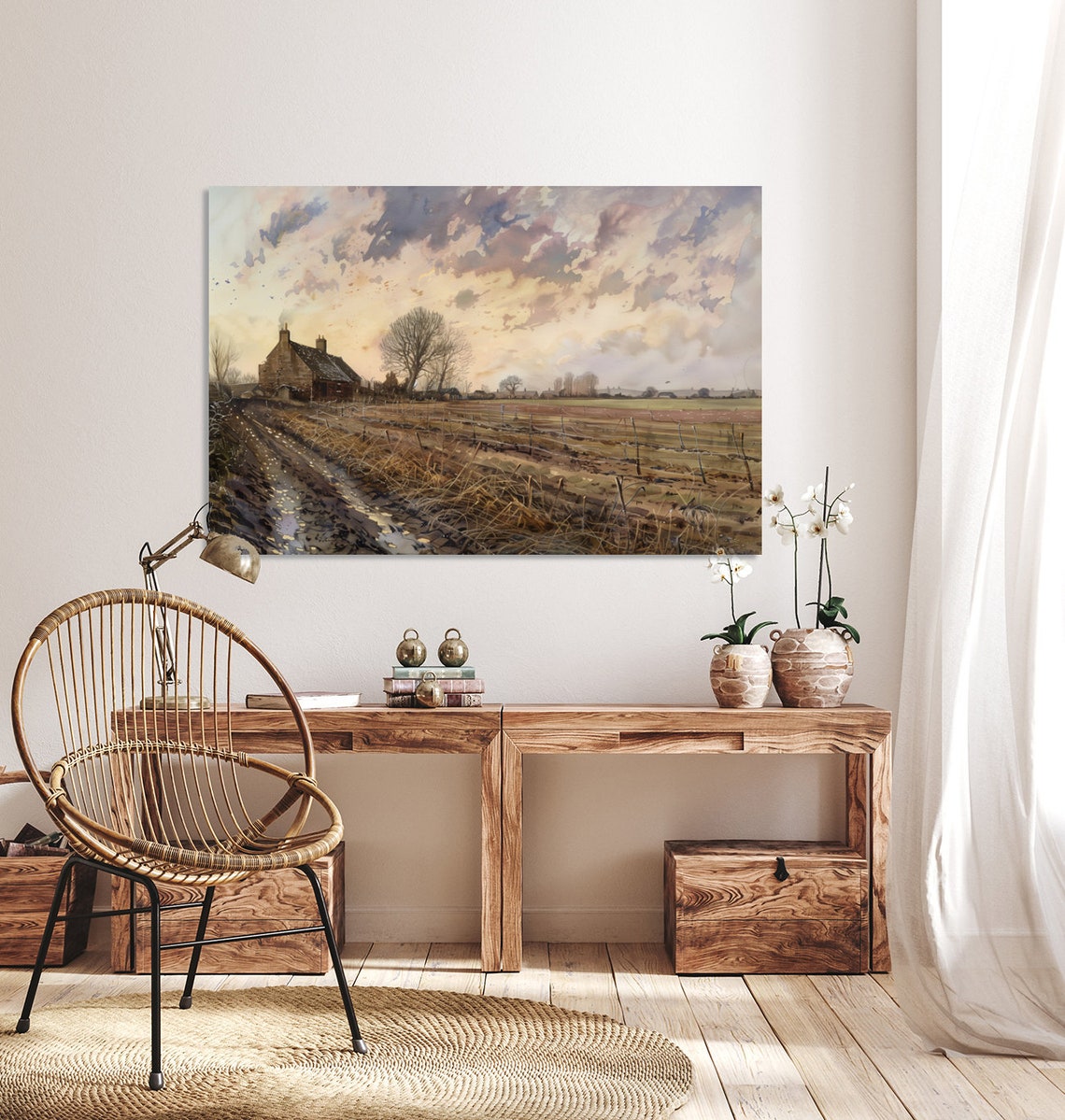 Rustic Farmhouse at Sunset Over Plowed Fields Watercolor Poster - Image 5