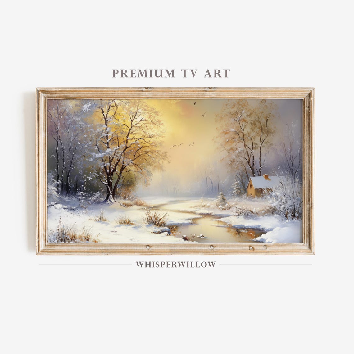 Golden Sunset Over Snowy Winter Stream and Cabin Vintage Poster