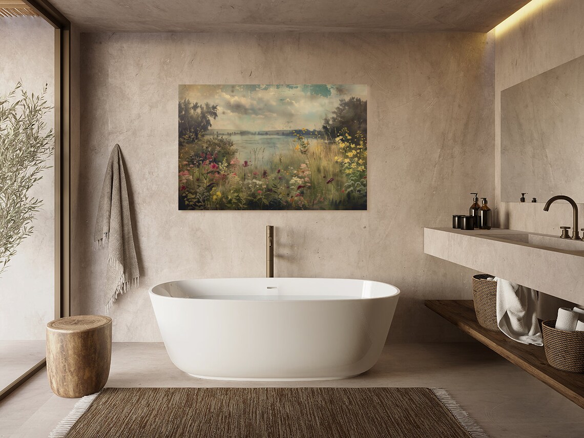 Wildflower Summer Lake Landscape Vintage Painting Scenic Poster - Image 2