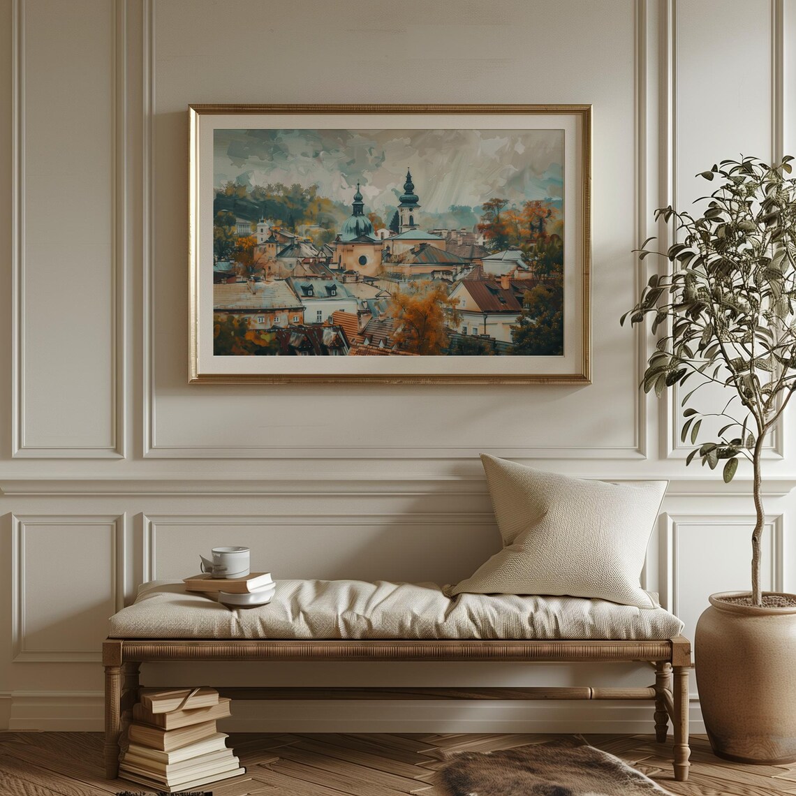 Old European City Rooftops Church Dome Autumn Treescape Poster - Image 3