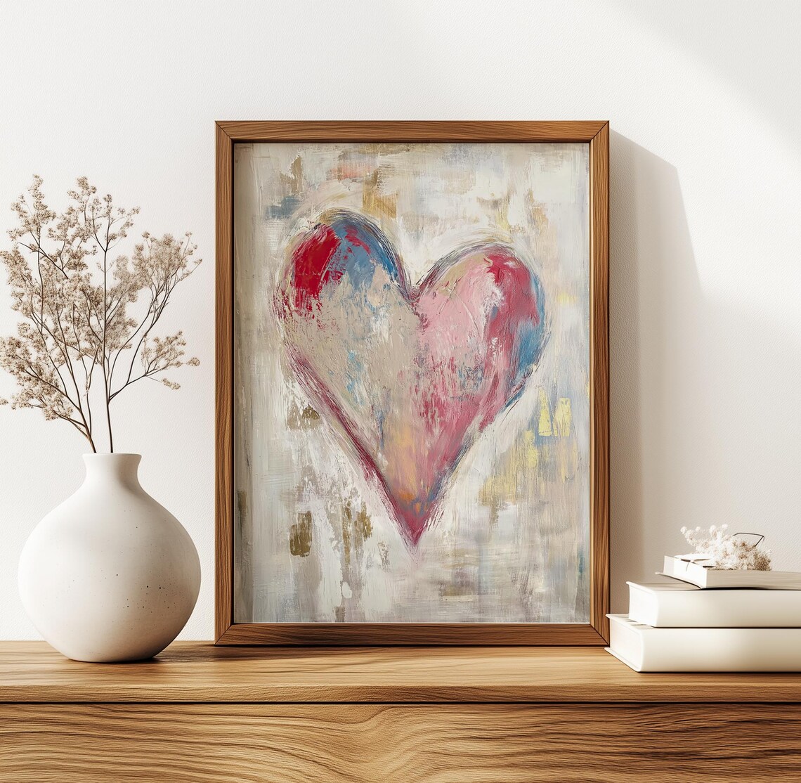 Large Textured Painted Heart in Pink Blue and Cream Art Poster - Image 4