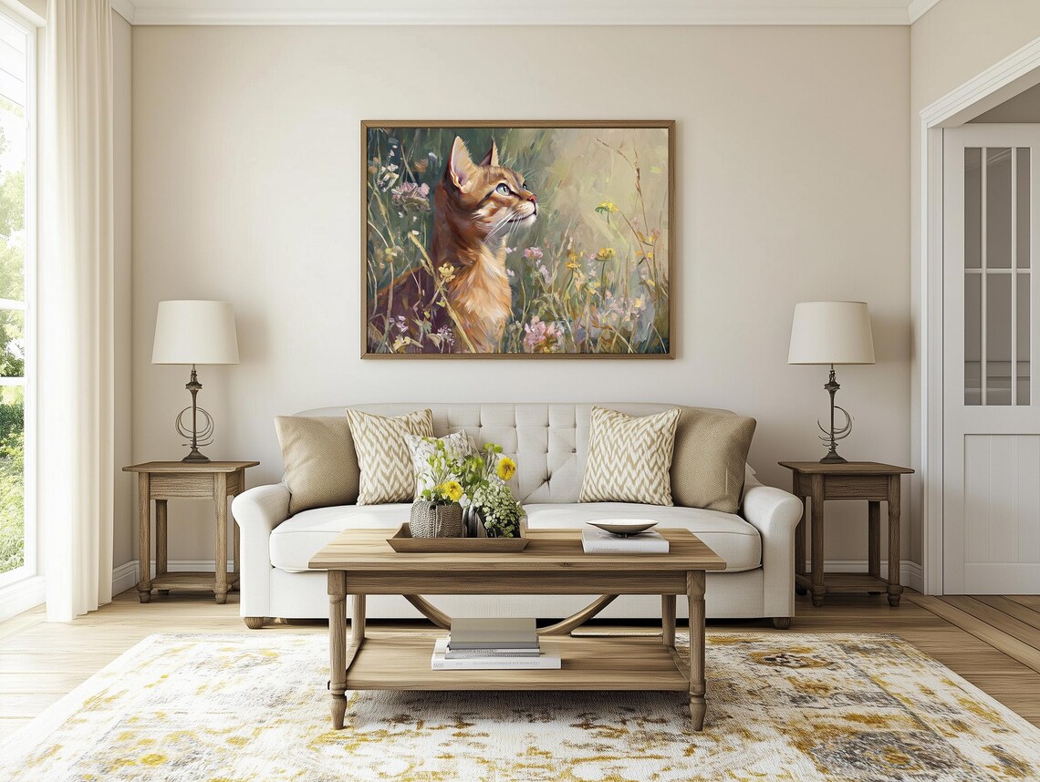 Abyssinian Cat Gazing Upward Wildflower Meadow Side Profile Painting Poster - Image 5