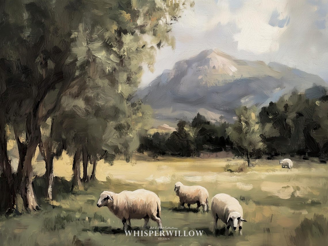 Sheep Grazing in a Green Mountain Meadow Oil Painting Poster - Image 6