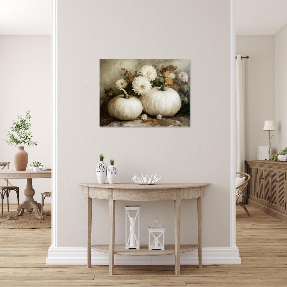 White Pumpkins with Chrysanthemums Autumn Still Life Art Poster - Image 2