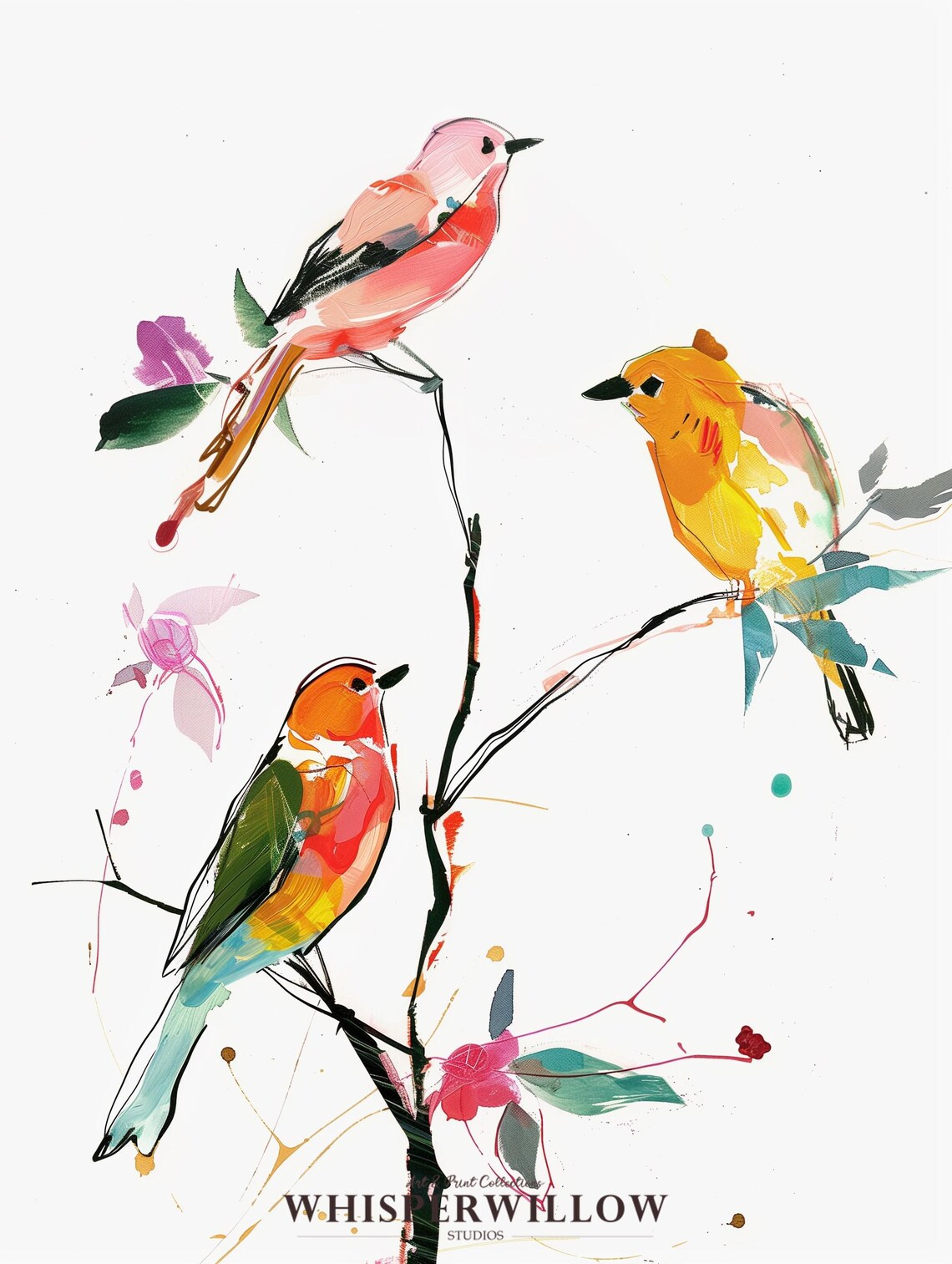 Colorful Songbirds Watercolor Painting Three Birds Branch Art Poster - Image 6