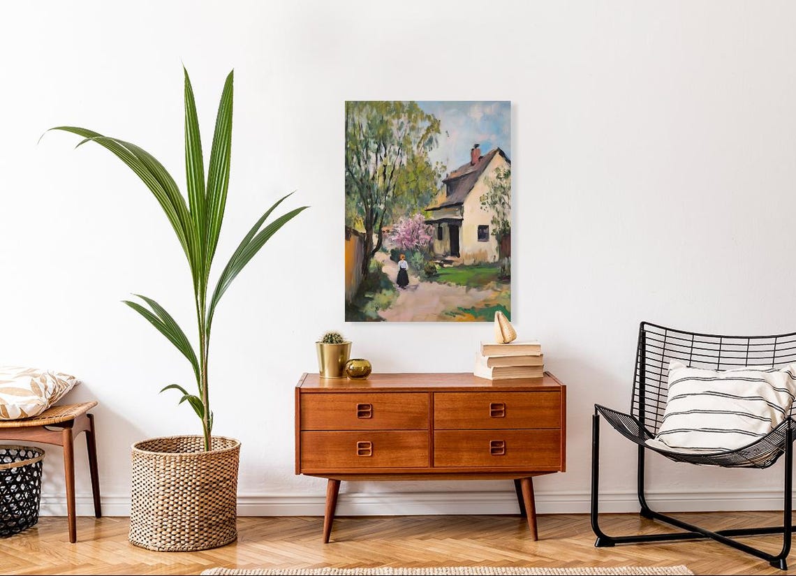 Rustic Cottage Path Woman Walking Blooming Spring Countryside Poster - Image 3