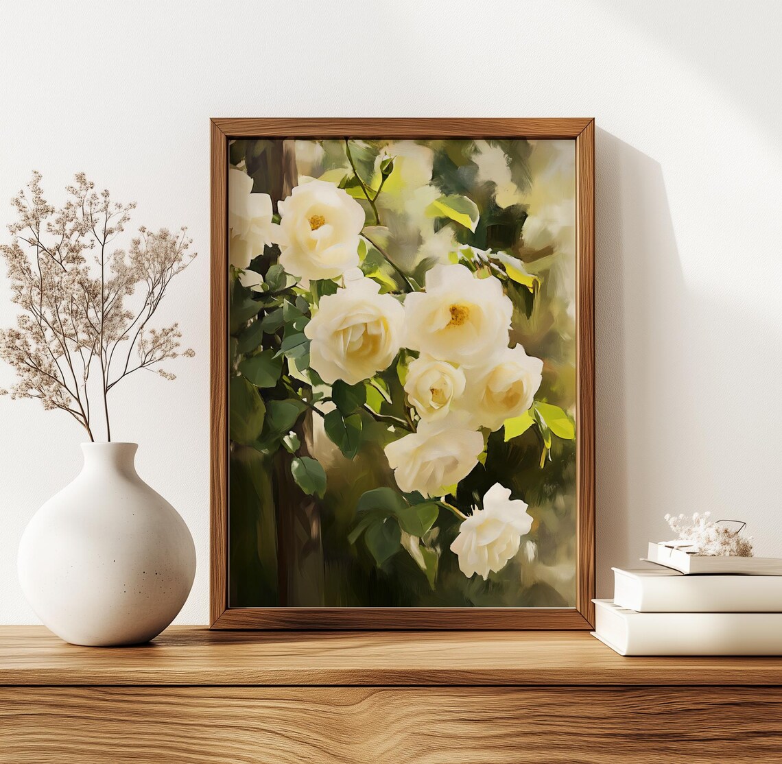 Elegant Cream White Roses Blooming Floral Garden Painting Wall Art - Image 5
