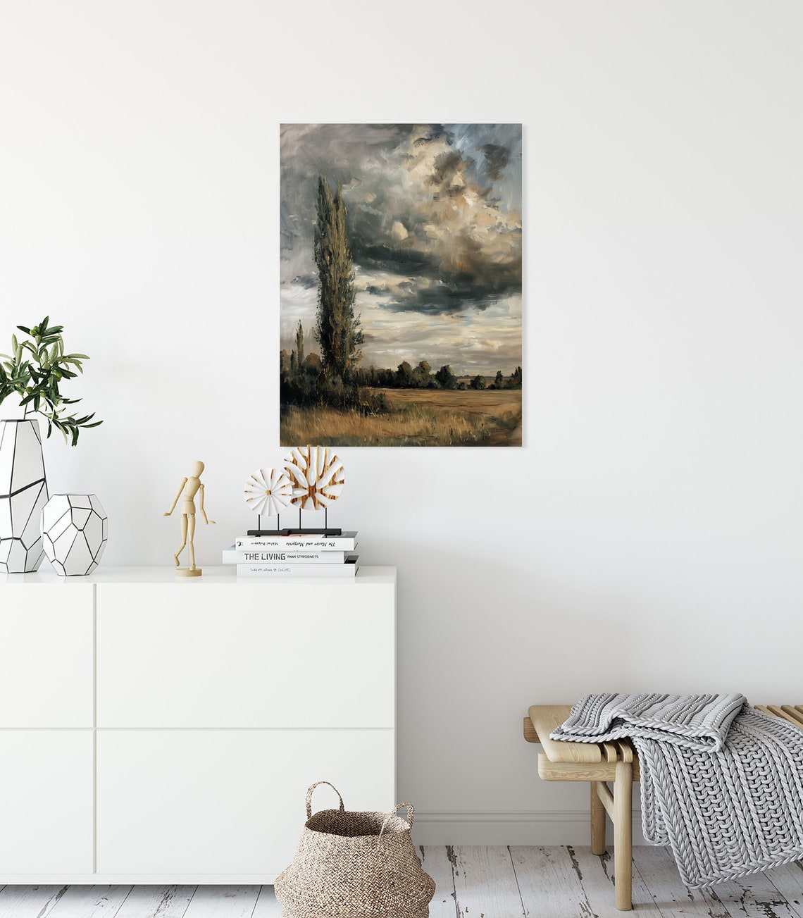 Lone Tall Cypress Tree Under Dark Storm Clouds Painting Poster - Image 5