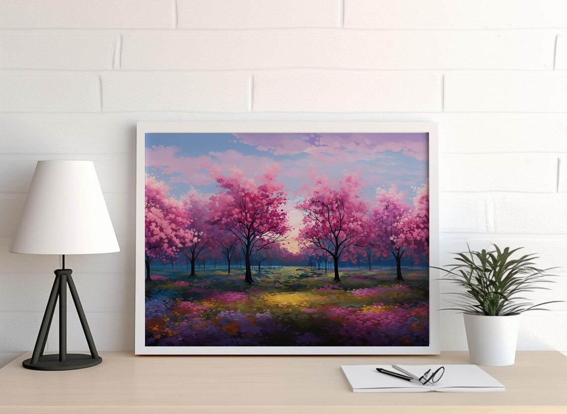 Cherry Blossom Trees Painting, Spring Landscape Art - Image 3