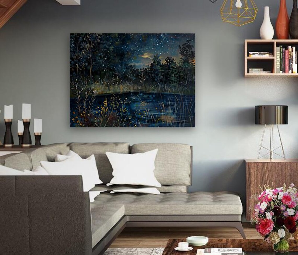 Starry Night Sky Lake Wildflower Reflections Whimsical Fireflies Painting Poster - Image 5
