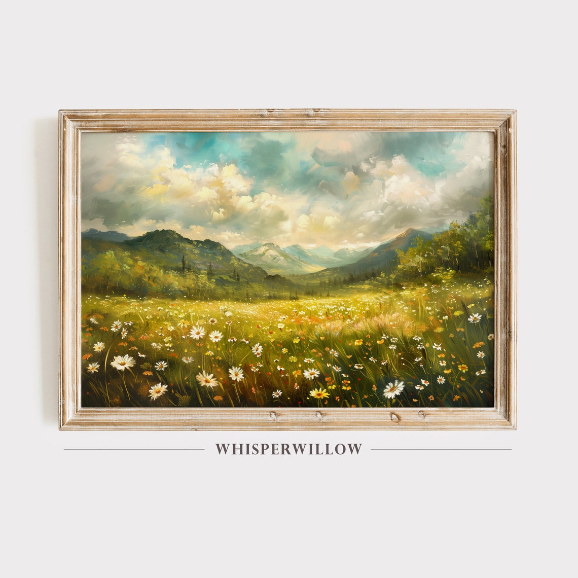 Daisy Wildflower Meadow With Mountains Bright Summer Scene Poster