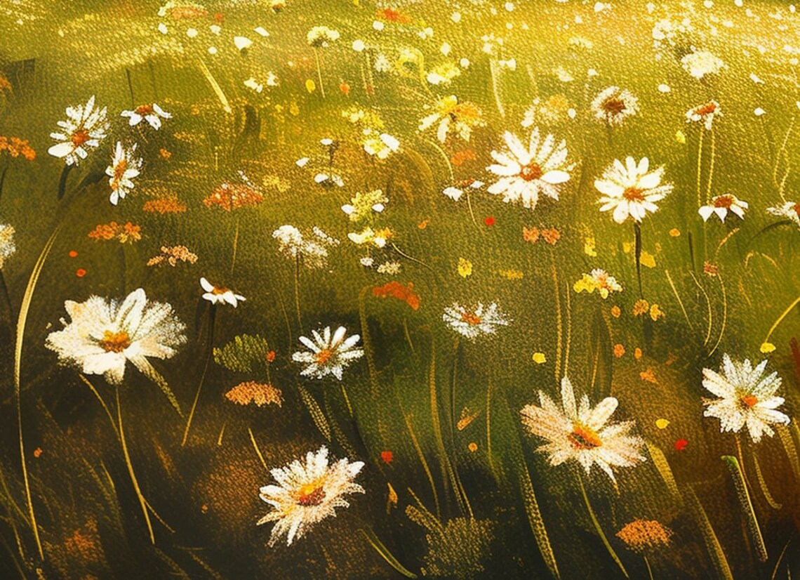 Wild Daisy Meadow Mountain Landscape Golden Vintage Oil Poster - Image 6