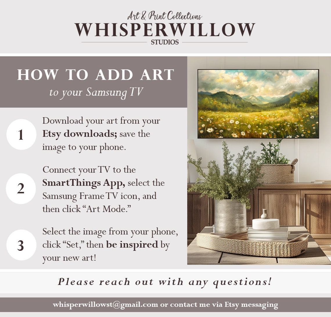 Wild Daisy Meadow Mountain Landscape Golden Vintage Oil Poster - Image 2