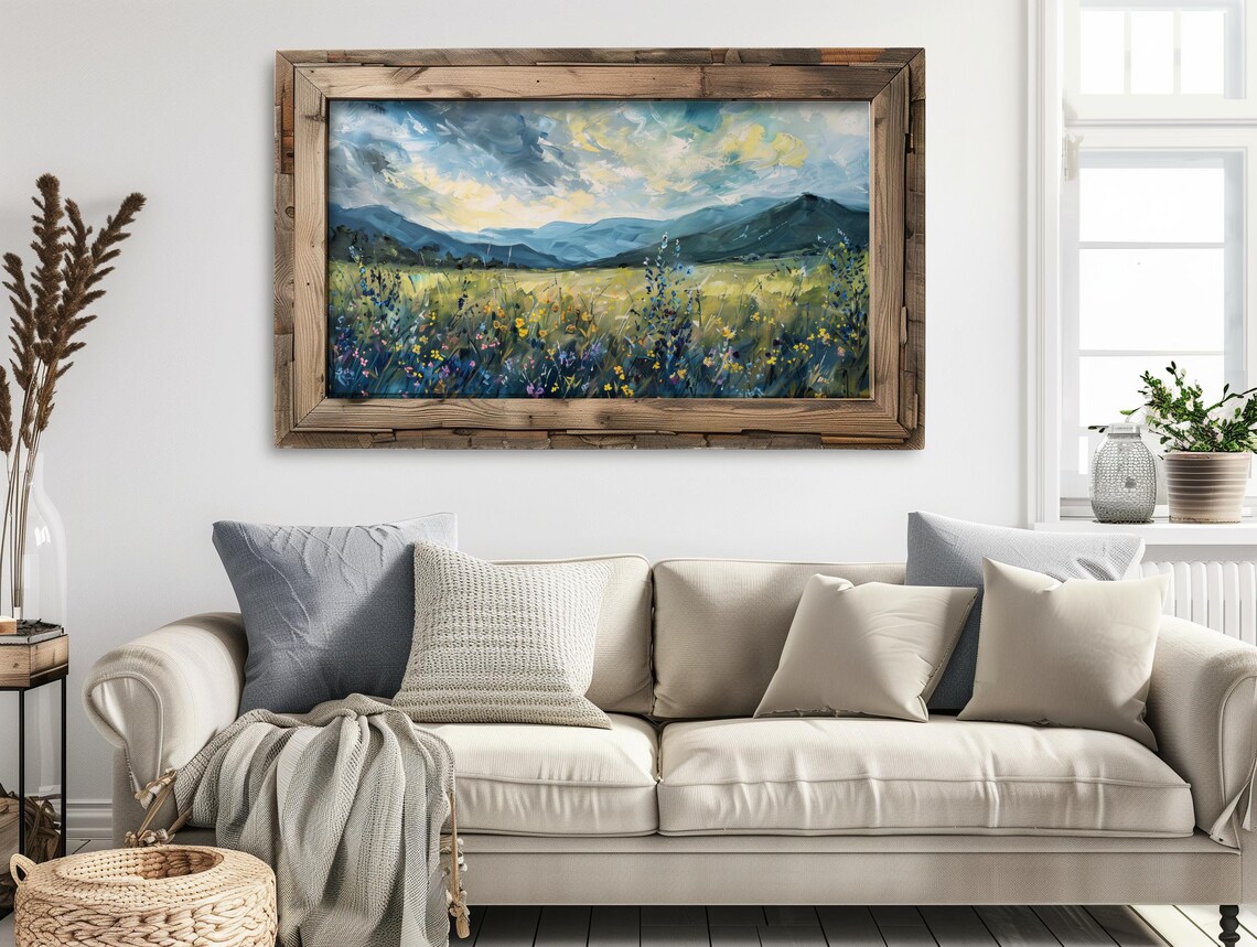 Wildflowers and Mountains Cool Blue Tones Oil Painting Poster - Image 4