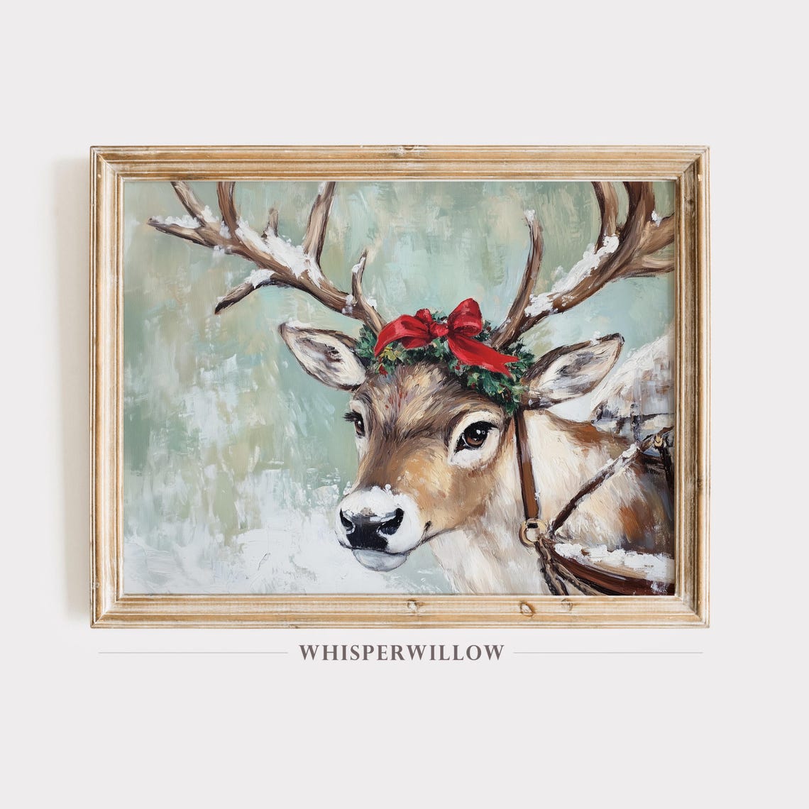 Reindeer Portrait with Red Bow Wreath Snowy Christmas Painting Poster