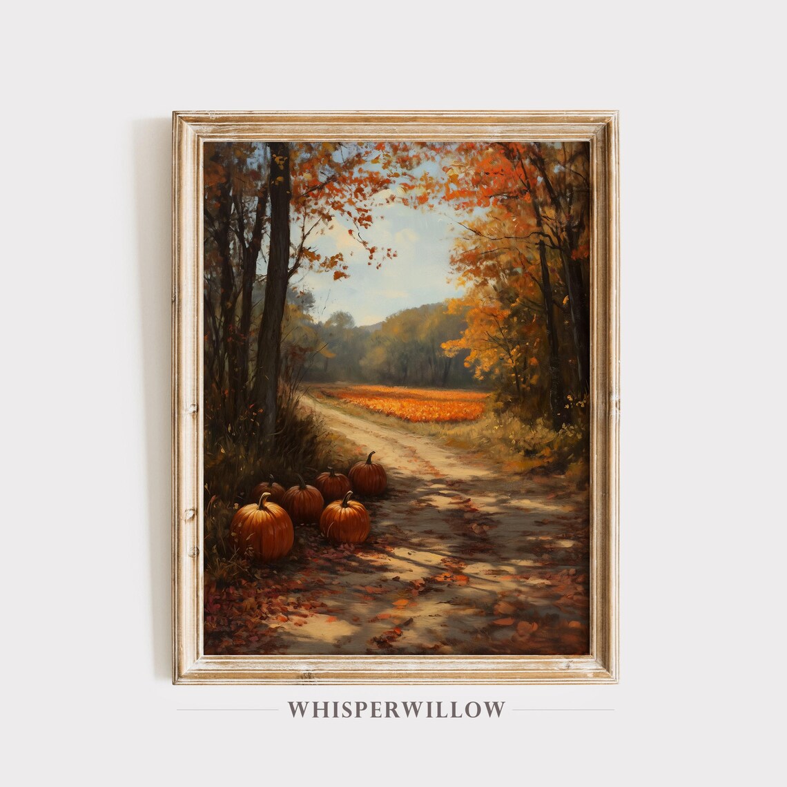 Pumpkin Lined Autumn Woodland Path Fall Foliage Vintage Poster