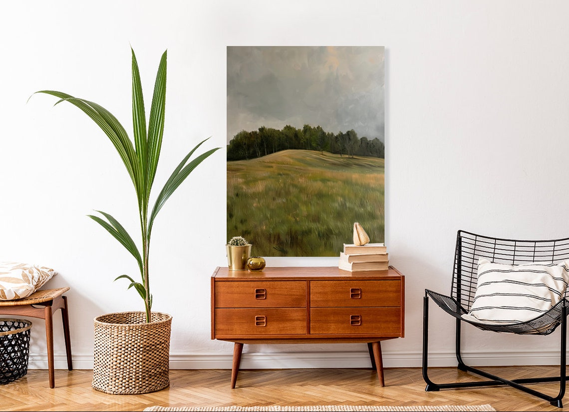 Tree Line Grassy Landscape Muted Colors Antique Country Poster - Image 2