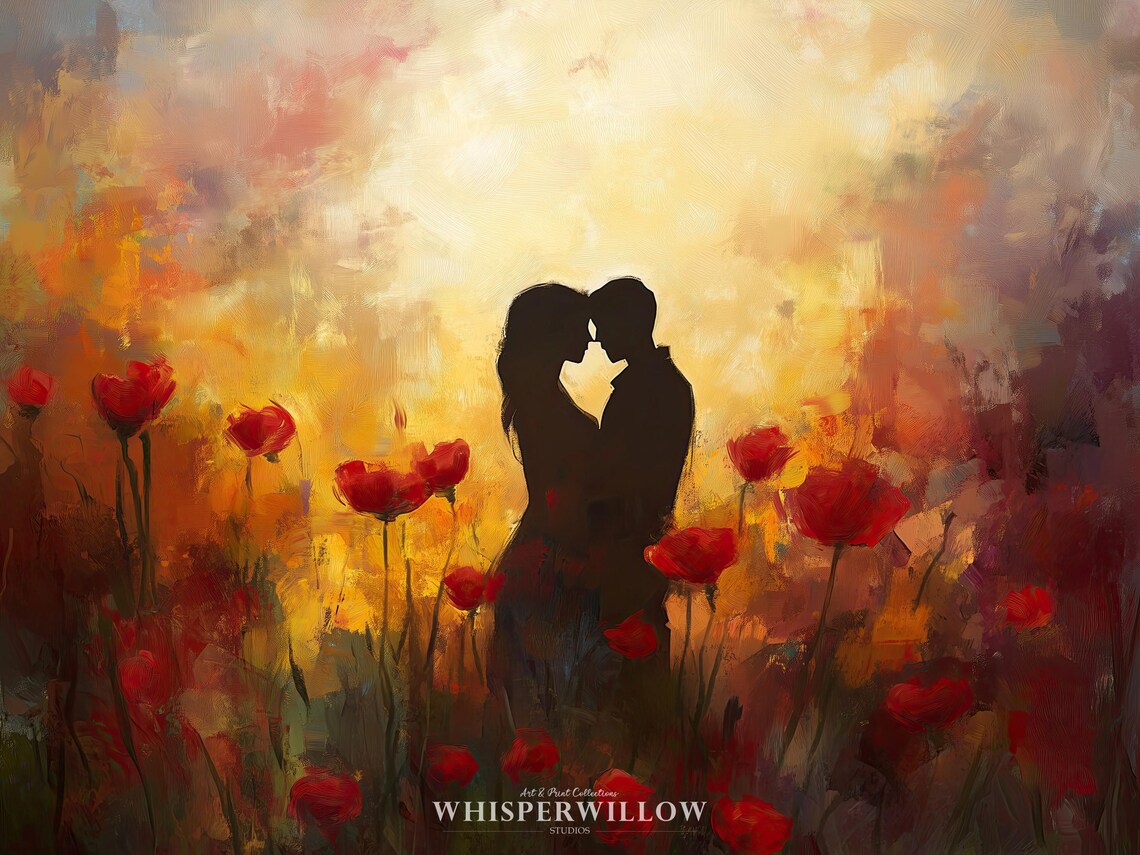 Couple Silhouette Kissing in a Red Poppy Field at Sunset Poster - Image 6
