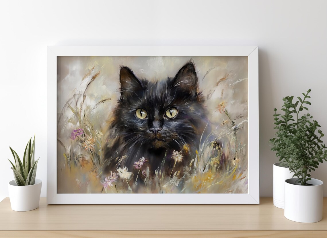 Fluffy Black Cat Portrait Among Wildflowers Oil Painting Poster - Image 3