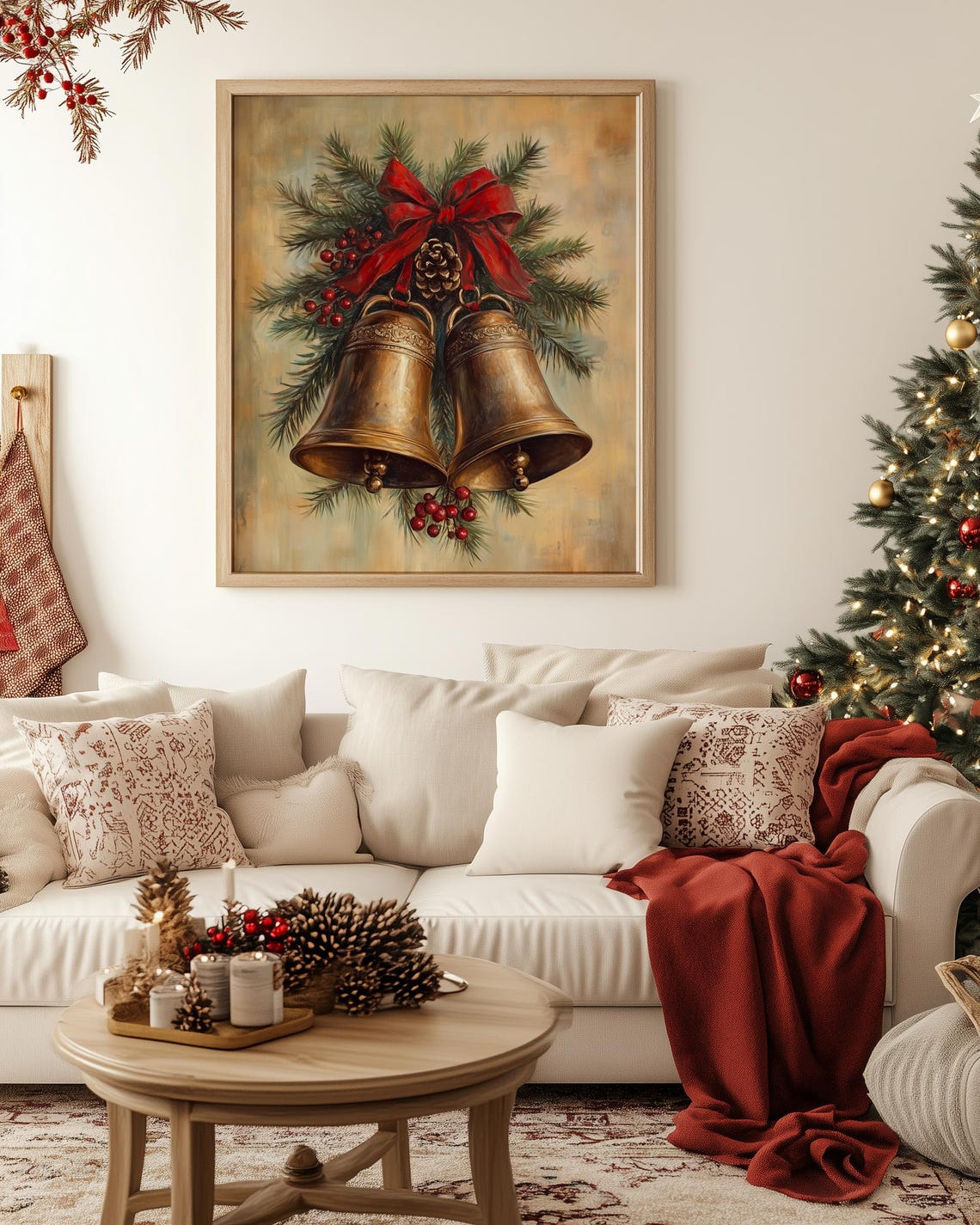 Antique Brass Christmas Bells with Red Bow Pine Berries Poster - Image 2