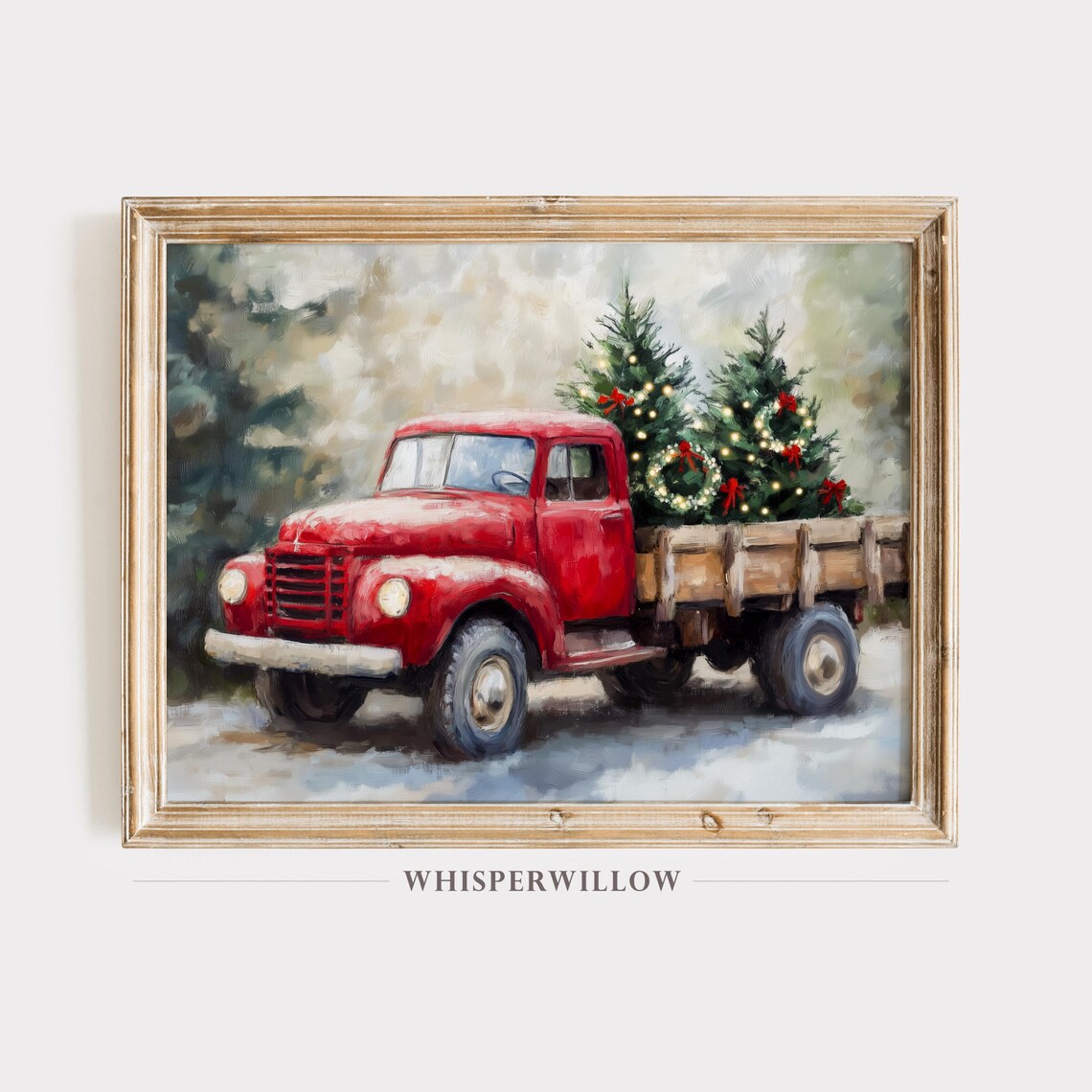 Vintage Red Truck Carrying Christmas Trees Through Snow Poster