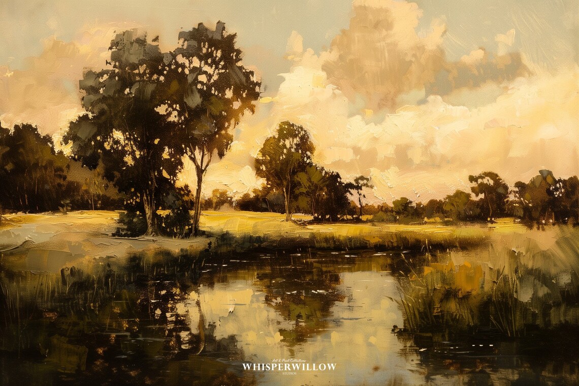 Golden River Sunset With Trees Vintage Landscape Oil Painting Poster - Image 6